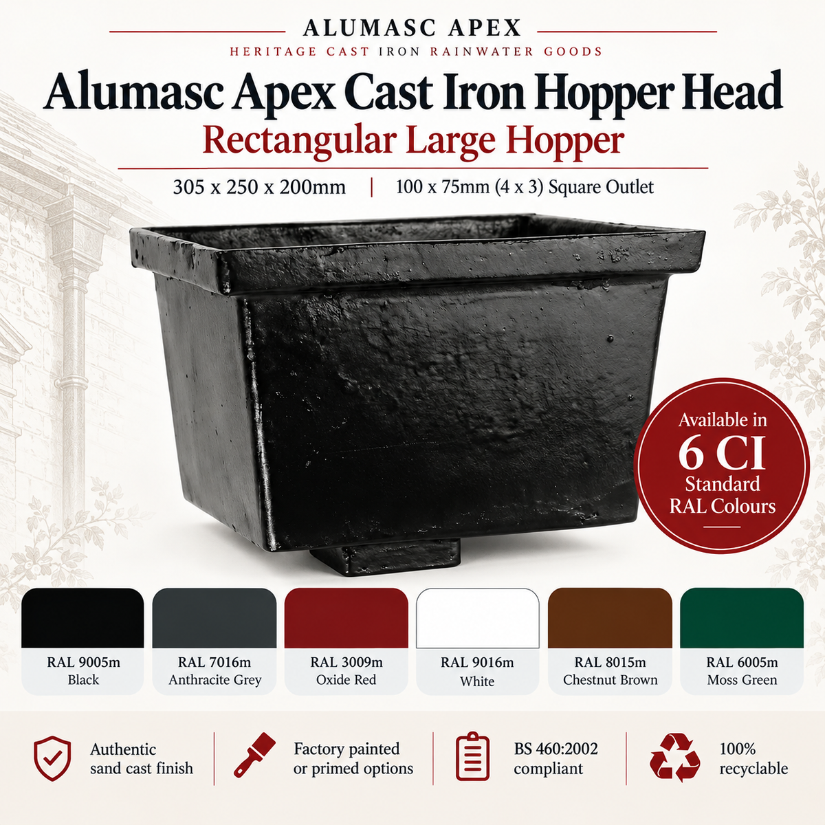 Alumasc Apex Cast Iron Rectangular Large (305 x 250 x 200mm) Rainwater Hopper Head with 100 x 75mm (4"x3") Square Outlet - One of 6 CI Standard RAL Colours TBC