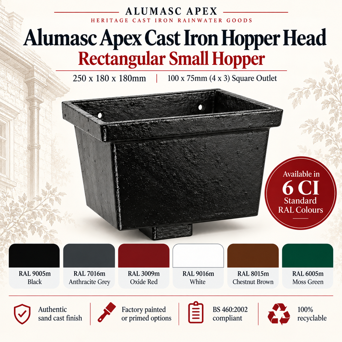 Alumasc Apex Cast Iron Rectangular Small (250 x 180 x 180mm) Rainwater Hopper Head with 100 x 75mm (4"x3") Square Outlet - One of 6 CI Standard RAL Colours TBC
