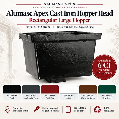 Alumasc Apex Cast Iron Rectangular Large (305 x 250 x 200mm) Rainwater Hopper Head with 100 x 75mm (4"x3") Square Outlet - One of 6 CI Standard RAL Colours TBC