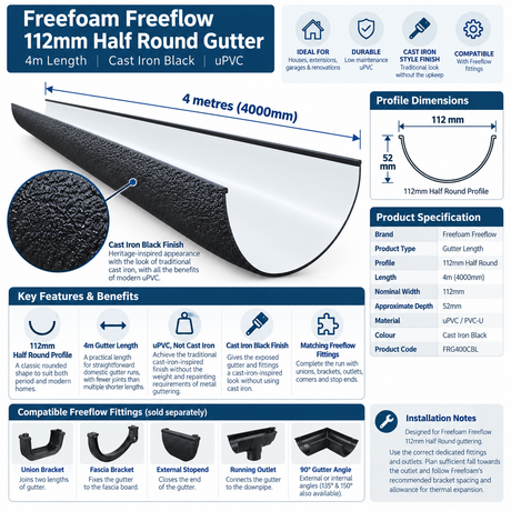 Freefoam Freeflow 112mm Half Round Gutter - 4m - Cast Iron Black