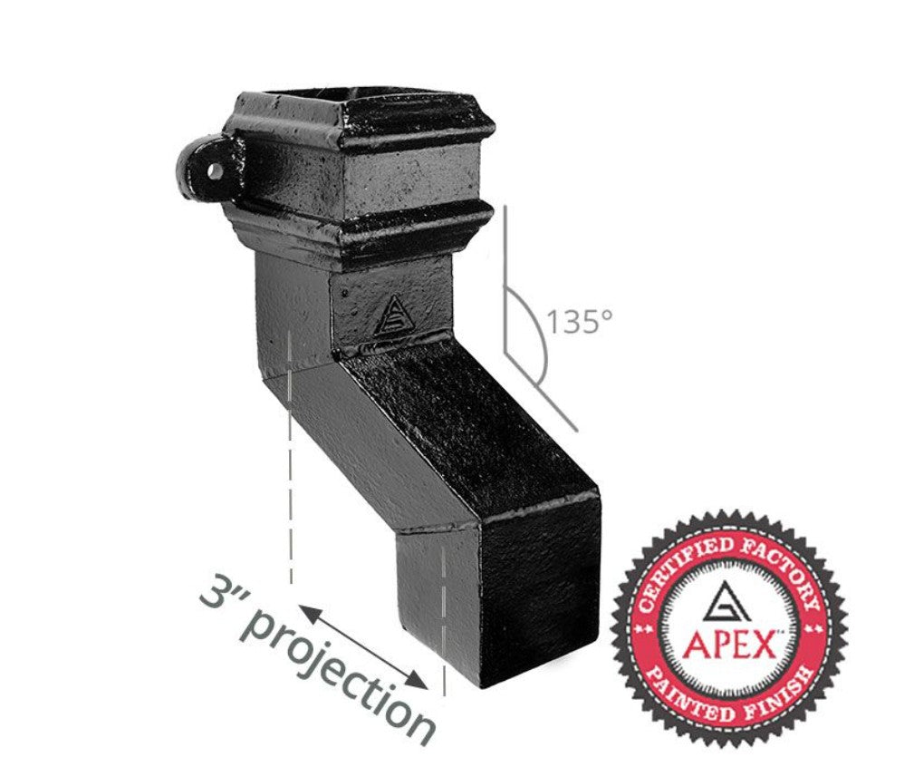 Alumasc Apex Cast Iron 100 x 75mm (4"x3") Square Downpipe 135 Degree Plinth Offset with Ears (76mm Offset) - Black