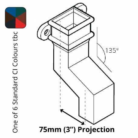 Alumasc Apex Cast Iron 100 x 75mm (4"x3") Square Downpipe 135 Degree Plinth Offset with Ears (76mm Offset) - One of 6 CI Standard RAL Colours TBC
