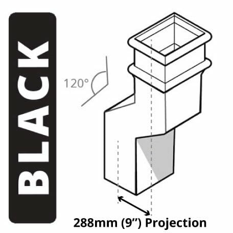 Alumasc Apex Cast Iron 100 x 75mm (4"x3") Square Downpipe 120 Degree Swan Neck (228mm Offset) - Black